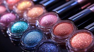 Iridescent Shine CloseUp Display of Metallic Shadows Glossy Products a Reflective Arrangement Under Soft Lighting photo