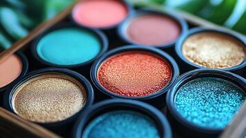 Tropicalthemed CloseUp Makeup Display Featuring Vivid Coral Blushes Turquoise Eyeshadows Golden Highlighters Arranged Wooden Trays with Soft Natural Lighting photo
