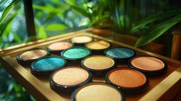 Makeup closeup display tropical theme featuring bright vivid colors like coral blushes turquoise eyeshadows and golden highlighters arranged on wooden trays with soft natural lighting photo