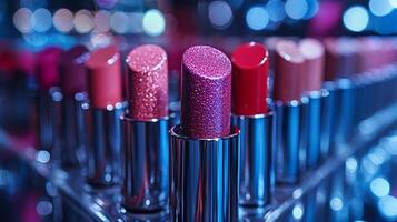 Bold Reflections CloseUp of Shiny Lipsticks Radiant Blushes Sleek Mirrors Emphasizing Shine with Dynamic Lighting photo