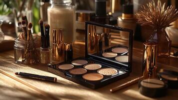 Makeup closeup display earthy tones showcasing warm bronzers golden eyeshadows deep berry lip tints on a natural wood platform with soft sunlit highlights and ambient warmth photo