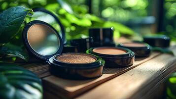Earthy Makeup Showcase Featuring Warm Bronzer Shades Golden Eyeshadows Rich Berry Lip Tints Artistically Positioned a Natural Wood Platform with Soft Sunlight Accents photo
