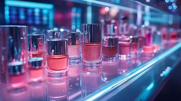 Makeup display featuring radiant glowing products like liquid highlighters sparkling eyeshadows glossy lip colors neatly arranged a pristine glass platform with luminous soft lighting photo