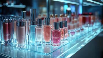 Luminous Collection Radiant Makeup Display Featuring Liquid Highlighters Glossy Lip Colors a Pristine Glass Platform Bathed in Soft Lighting photo