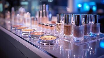 Luminous Collection Radiant Makeup Display Liquid Highlighters Glossy Lip Colors Neatly Arranged on a Pristine Glass Platform Under Soft Lighting photo
