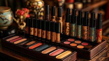 Vintage Makeup Showcase Featuring Colorful Eyeliners Radiant Blushes Bold Lipsticks Arranged Wooden Trays and Soft Velvet Cloth Capturing Retro Charm photo