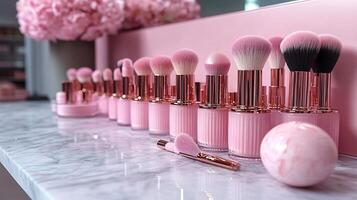 Soft Pastel Makeup Arrangement Featuring Delicate Rose Gold Brushes Finely Milled Blushes Luminous Skin Tints Artfully Displayed a Minimalist Marble Counter for a Fresh Look photo