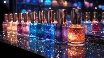 Galactic Makeup Display Showcasing Shimmering Blues Purples Silvers Lip Products Eyeshadows and Highlighters Elegantly Positioned on a Black Mirror Base Reflecting Cosmic Hues photo