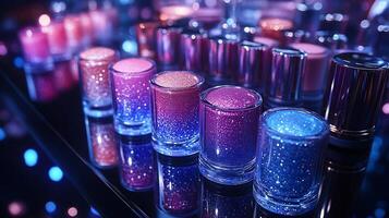 Galactic Glam Makeup Display Shimmering Blues Purples on a Black Mirror Base Reflecting the Cosmic Colors photo