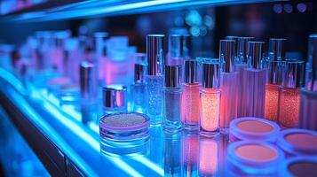 Makeup display icy cool tones featuring shimmering silver eyeshadows frosty lip glosses translucent highlighters neatly arranged on a glass counter under soft diffused blue lighting photo