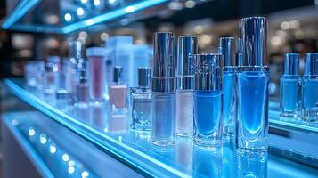 Chilly Toned Makeup Display Showcasing Shimmering Silver Eyeshadows Frosty Lip Glosses Translucent Highlighters Neatly Arranged a Glass Surface Under Diffused Blue Lighting photo