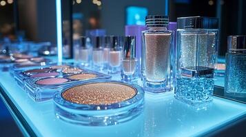 Icy Elegance Makeup Display Featuring Cool Tones Frosty Products Neatly Arranged a Glass Counter Under Soft Blue Lighting photo