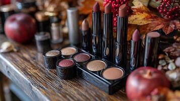 Warm Autumn Makeup Display Showcasing Golden Brown Lipsticks Deep Berry Eyeshadows Shimmering Bronze Highlighters Neatly Arranged a Rustic Wooden Table with Soft Lighting photo