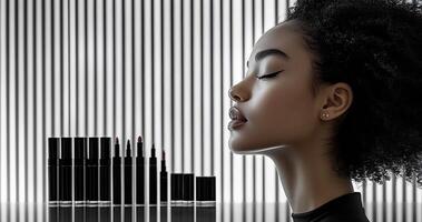 Refined Minimalism Chic Makeup Display Featuring Sleek BlackandWhite Packaging Highlighting Precision Eyeliners Creamy Lipsticks a Clean Setup photo