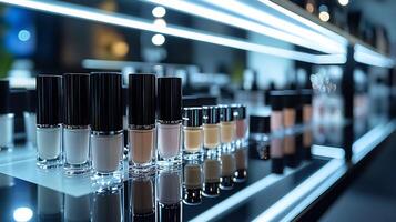 Minimalist Makeup display featuring sleek blackandwhite packaging showcasing precision eyeliners subtle highlighters creamy lipsticks arranged neatly a reflective surface under soft lighting photo