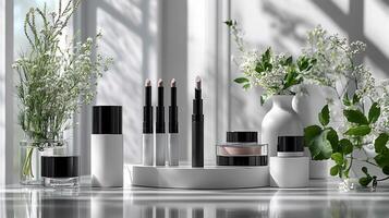 Chic Minimalism BlackandWhite Makeup Display Featuring Precision Eyeliners Creamy Lipsticks a Reflective Surface Under Soft Lighting photo