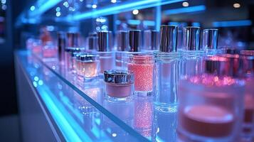 Icy Luxe CoolToned Makeup Display Featuring Shimmering Silver Shadows Frosty Lip Glosses a Glass Counter with Diffused Blue Lighting photo