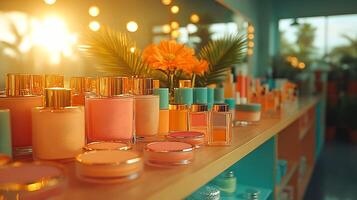 Vibrant Makeup display showcasing tropical colors like coral blushes turquoise eyeliners golden highlighters arranged a lively dynamic display with soft natural sunlight filtering through photo