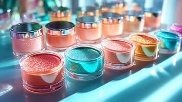 Tropical Bliss Lively Makeup Display Featuring Coral Blushes Turquoise Eyeliners Enhanced Soft Natural Sunlight Filtering Through photo