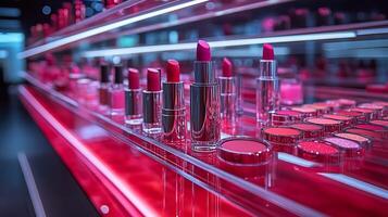 Contemporary beauty showcase featuring array of vibrant lipsticks palettes on transparent glass displays illuminated by soft ambient lighting highlighting the details of each cosmetic product photo