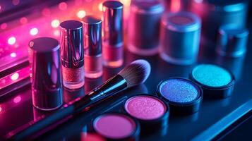 Artistic makeup display bold neon colored products arranged geometric patterns Makeup display closeup of sparkling eyeshadow mascara brushes in dynamic lighting photo