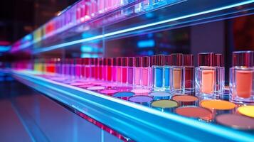 Radiant Spectrum Modern Makeup Display Showcasing Colorful Palettes Lipsticks Sleek Glass Shelves Elegantly Lit to Highlight Every Detail photo