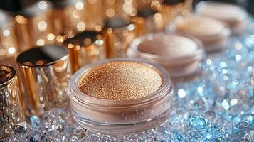 Glamorous beauty display sparkling accents emphasizing collection of radiant highlighters and luxurious powders all arranged on a crystalstudded surface reflecting an aura of elegance photo