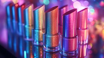 Makeup closeup display showcasing vivid metallic lipsticks sleek contour sticks radiant highlighters neatly arranged reflective surface with dynamic shadows enhancing each products design photo