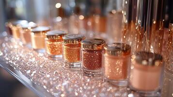 Gilded Glow Glamorous Makeup Arrangement Sparkling Gold Accents Highlighting Radiant Highlighters Shimmering Powders on Crystal Surfaces photo