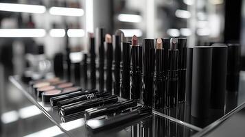 Makeup display minimalist monochromatic black white aesthetic highlighting sleek beauty products neatly organized on a glass table Makeup closeup display of matte lipsticks and eyeliners photo