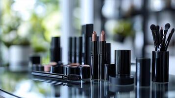 Monochrome Muse Minimalist Black White Makeup Display Featuring Sleek Products Neatly Organized a Glass Table Perfectly Lit for Dramatic Effect photo