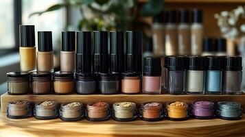 Minimalist makeup display neutral tones range of beauty products organized on wooden stands Makeup display featuring closeup of matte lipsticks and pastel eyeshadows in perfect symmetry photo