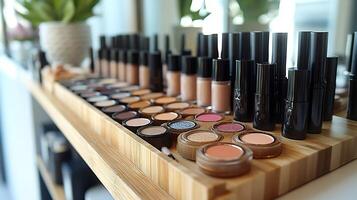 Streamlined makeup presentation neutral color palette beauty products organized ecofriendly wooden displays showcasing closeups of creamy lipsticks softly blended eyeshadows in a harmonious layout photo