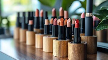Natural Harmony Minimalist Makeup Arrangement Featuring Earthy Tones Beautiful Products Neatly Organized Rustic Wooden Stands photo