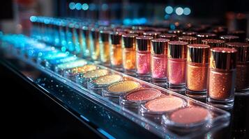 Modern makeup display holographic elements iridescent beauty products arranged sleek silver trays Makeup closeup display of glowing compacts and shimmering lipsticks photo