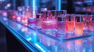 Modern Iridescence Futuristic Makeup Display Holographic Elements Shimmering Beauty Products on Sleek Silver Trays Capturing Light Perfectly photo