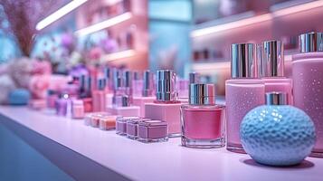 Pastelthemed makeup display soft pinks blues lavenders illuminating variety of beauty products in clean lines Makeup closeup display of blushes lip gloss and eye palettes photo
