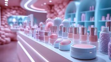 Whimsical pastelthemed makeup arrangement showcasing soft pinks blues illuminating selection of beauty products with closeups of blushes and lip glosses arranged in clean lines photo