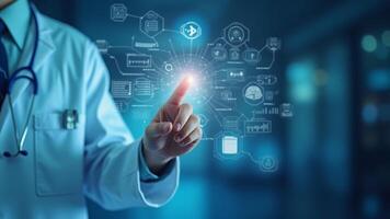 Doctor Touching Virtual Screen with Digital Medical Record and DNA Data photo