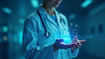 Doctor Touching Virtual Screen with Digital Medical Record and DNA Data photo