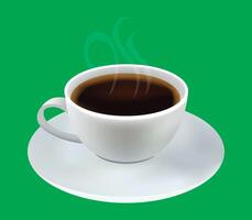 A steaming cup of coffee on a white saucer, isolated on a green screen vector