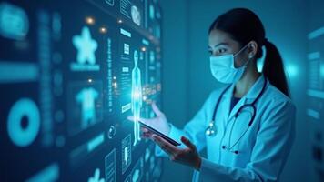 Doctor Touching Virtual Screen with Digital Medical Record and DNA Data photo