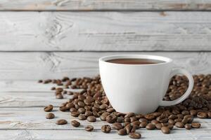 3D render of white coffee cup mockup with coffee beans on light wooden background for advertisement photo