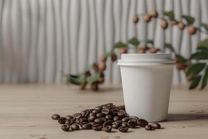 3D render of white coffee cup mockup with coffee beans on light wooden background for advertisement photo