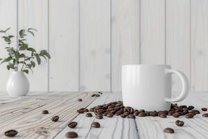 3D render of a white mockup coffee cup with coffee beans on light wooden background photo