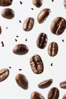 High resolution isometric coffee beans floating on white background, close up photo