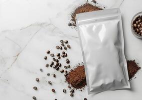 Design professional-grade coffee packaging visuals using a blank bag template suitable for whole bean and ground coffee applications. photo