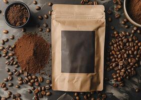 Customize your coffee packaging presentation with a blank bag template engineered for whole bean and ground coffee perfection. photo
