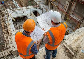 Civil engineers working on a building site, emphasizing urban development plans photo