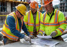 Construction workers implementing advanced civil engineering designs on an urban project photo